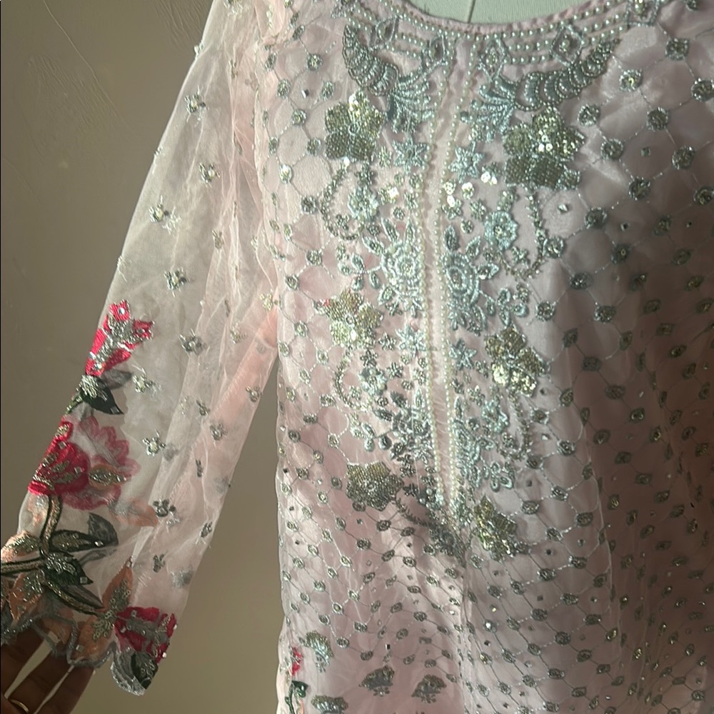 Embroidered Pink Parallels with Baby Pink Floral Kurta and Pearl Details